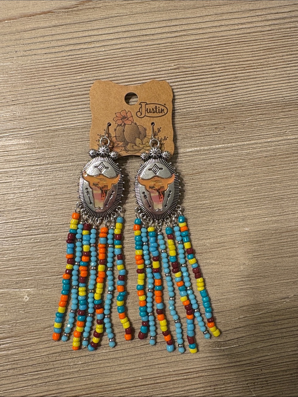 Justin Silver-Tone Beaded Fringe Earrings with Turquoise, Orange & Yellow